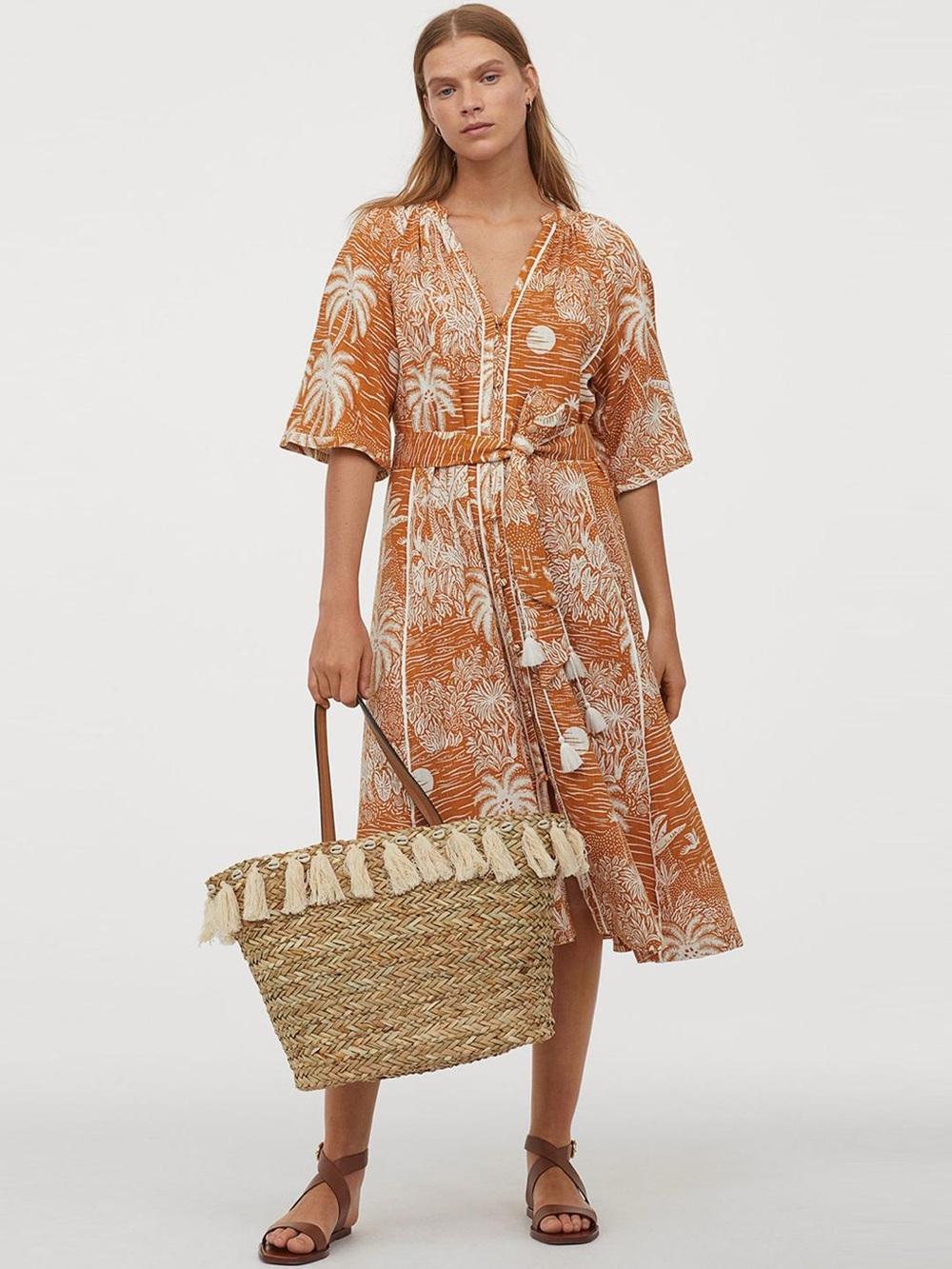 H&M x Desmond & Dempsey tropical Floral Maxi Dress Tie Waist large